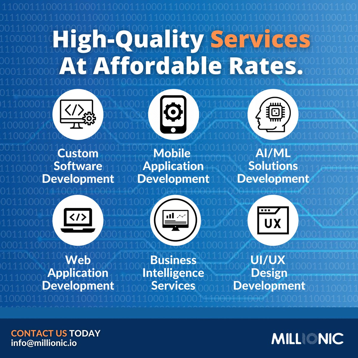 MillionicIO's tweet photo. It doesn't matter to us whether you are outsourcing a project or it's your own project,
we will get the job done for you. These are the services we are providing.
Custom Software Development
Mobile Application Development
AI/ML Solution Development
Web Application Development https://t.co/WBIEj2jbfn