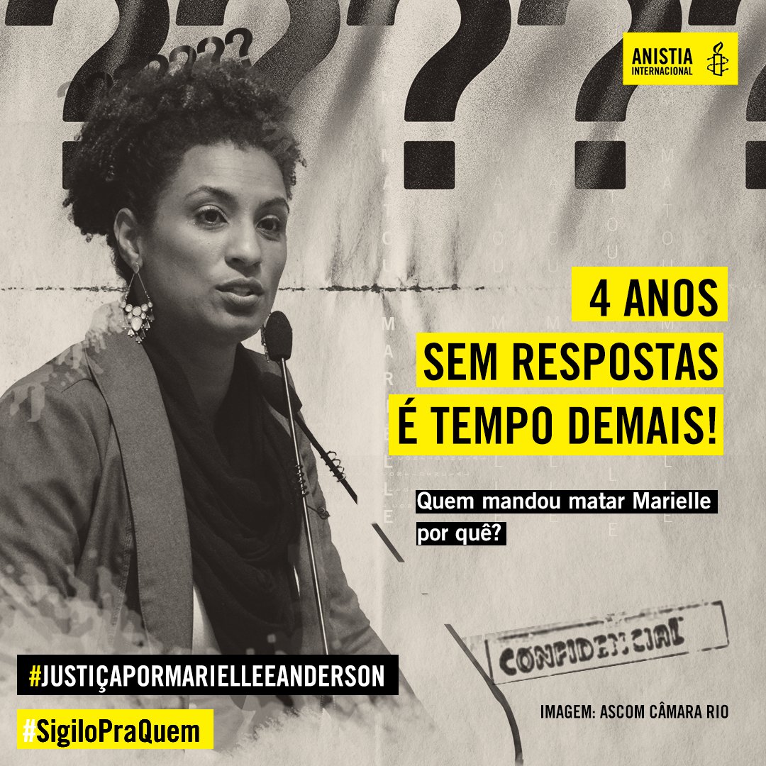 anistiabrasil's tweet photo. 🌍O Brasil e o mundo querem saber quem mandou matar Marielle e por quê?! ✊🏿A @anistiabrasil pede as autoridades que garantam justiça e transparência na investigação do caso às famílias. 

Junte-se a nós! Compartilhe as tags #JustiçaParaMarielleEAnderson #SigiloPraQuem https://t.co/sPTjskJoU0