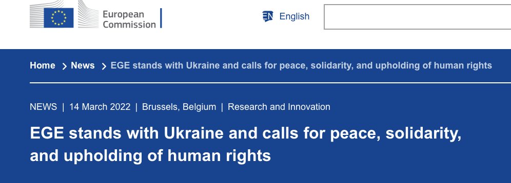 The European Group on Ethics (EGE) stands with the people of Ukraine. Read our full statement here: ec.europa.eu/info/news/ege-… #ethicsgroup_eu