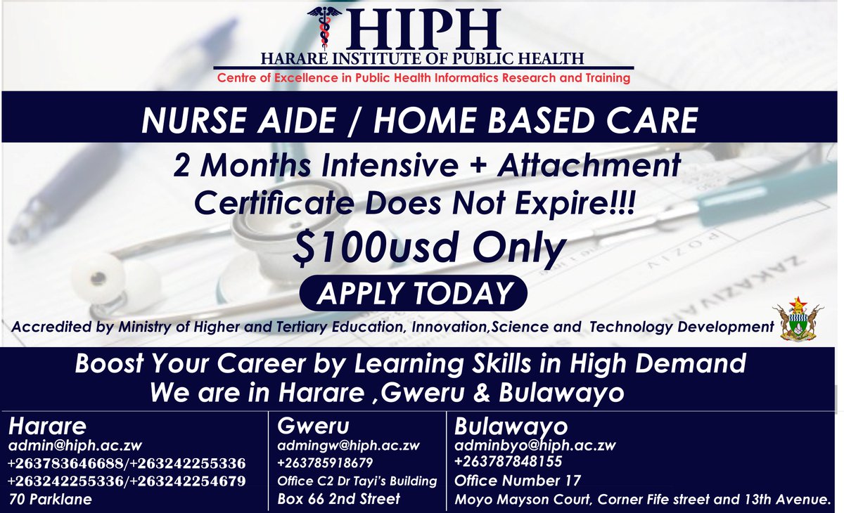 HiphOnline's tweet photo. Do you want a Nurse Aide Certificate that doesn't expire? GO INTERNATIONAL✈️ and Enroll  with Harare Institute of Public Health Today and get your HEXCO Certificate in Home Based Care/Nurse Aide.
admin@hiph.ac.zw 
+263783646688 , +263242254679, +263242255336, +263242255337 https://t.co/LfrBO0bAB3