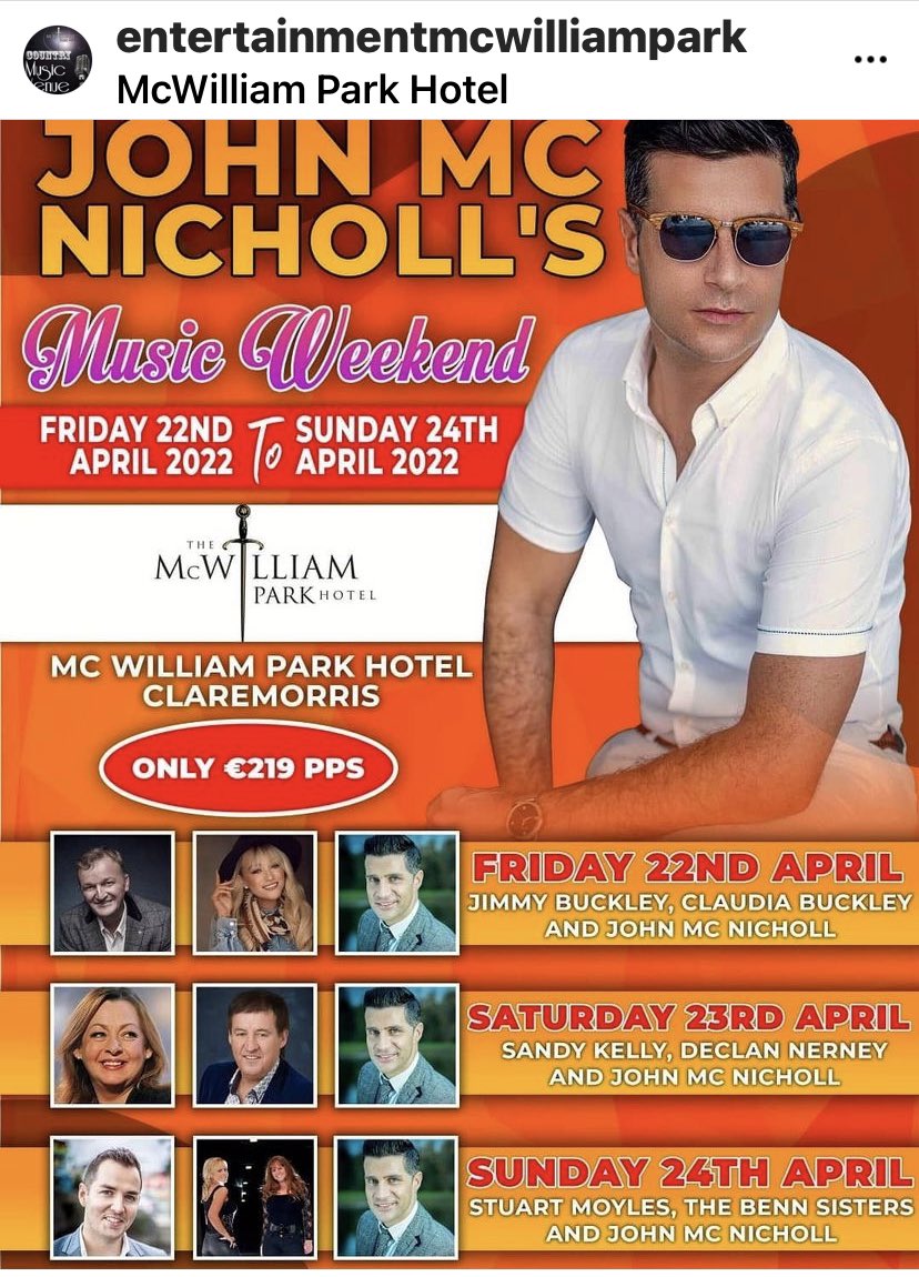 john mc nicholl (@johnmcnicholl) on Twitter photo Fancy a great weekend away this April book our music weekend at the McWilliam park hotel Claremoris call hotel reception today to book #jimmybuckley #declannerney #claudiabuckley #sandykelly #stuartmoyles #bennsisters #johnmcnicholl <a href="/EventsMcWilliam/">McWilliam Park Hotel</a> #april2022 Fancy a great weekend away this April book our music weekend at the McWilliam park hotel Claremoris call hotel reception today to book #jimmybuckley #declannerney #claudiabuckley #sandykelly #stuartmoyles #bennsisters #johnmcnicholl <a href="/EventsMcWilliam/">McWilliam Park Hotel</a> #april2022