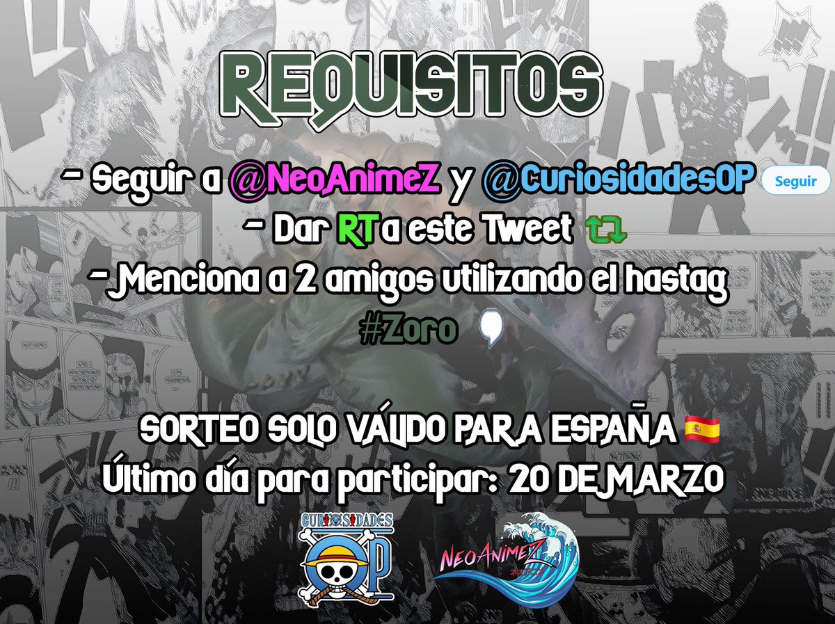 NeoAnimeZ's tweet photo. 🍀 SORTEO 🍀

Junto a la fantástica @CuriosidadesOP regalamos para uno de vosotros, esta espectacular figura de Roronoa Zoro,  directa de Japón. 🇯🇵

Aclamado subcapitán y espadachín de los “Sombrero de Paja” en One Piece. ✨

REQUISITOS EN LA 2ª IMAGEN⤵️

#Anime #Manga #ONEPIECE https://t.co/8HioSSzdPN