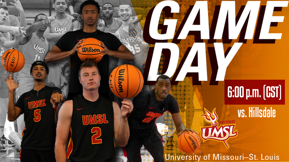 UMSLAthletics's tweet photo. G A M E D A Y 

@UMSLMBB is in the Sweet Sixteen of the NCAA Division II Men's Basketball Championship Tournament! The Tritons face Hillsdale tonight. 

⏰ 6:00 p.m. (CST) 
📍 North Canton, OH 
📺 https://t.co/PwGcLm5IYm 

#GLVCmbb https://t.co/ckIzOzlCXG