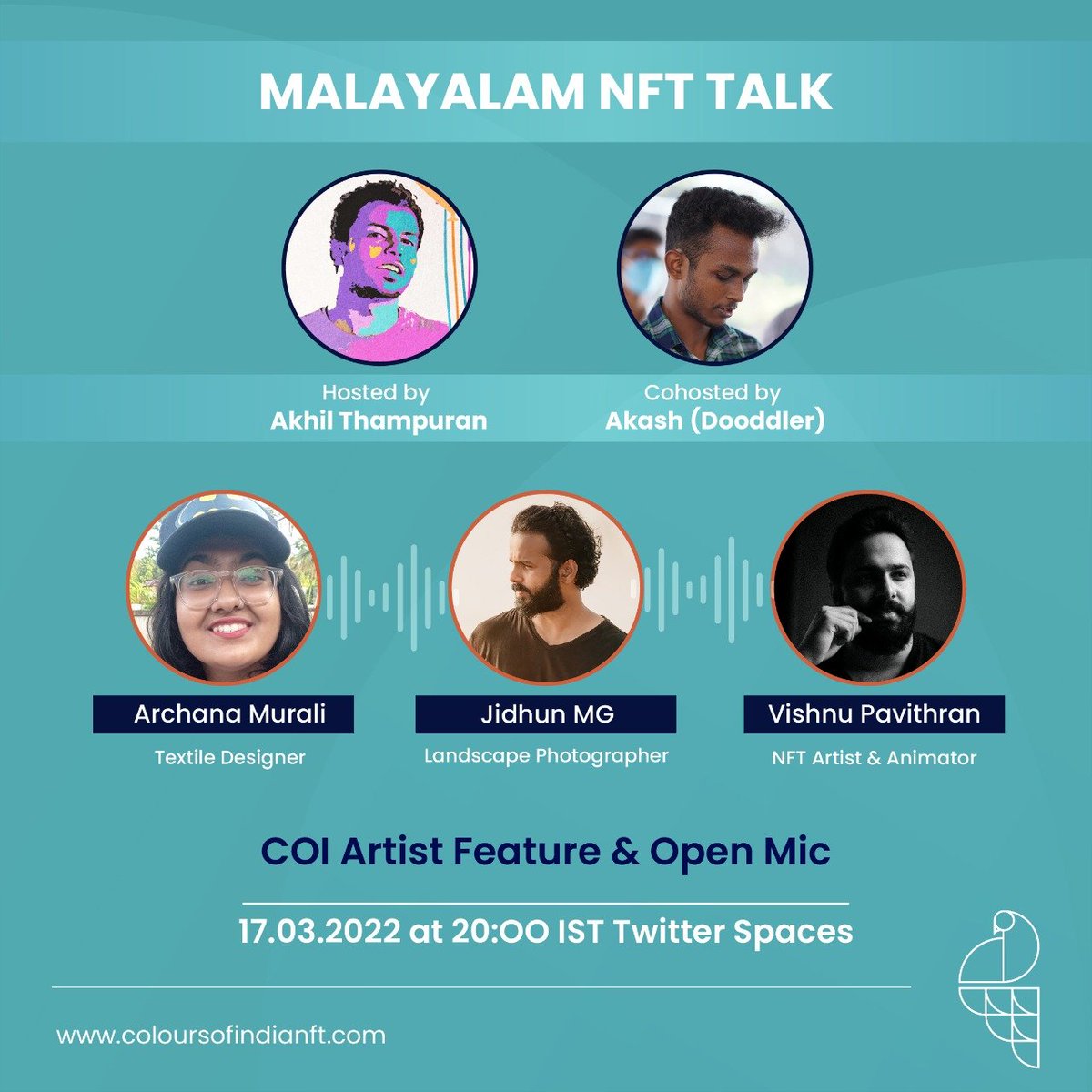 COI welcomes you to our weekly Malayalam NFT Twitter space. Featuring <a href="/Jidhunmg/">Jidhun.eth 🦉</a>  <a href="/ArchanaMurali8/">Archana Murali</a>  and <a href="/vishnu_pavithrn/">Vishnu Pavithran</a>. Also there's an open mic for all.

Do tag your friends so that they don't miss the event 

Appo marakkanda!Thursday 17thMarch 8PM IST

#NFTCommunity #nftmalyali