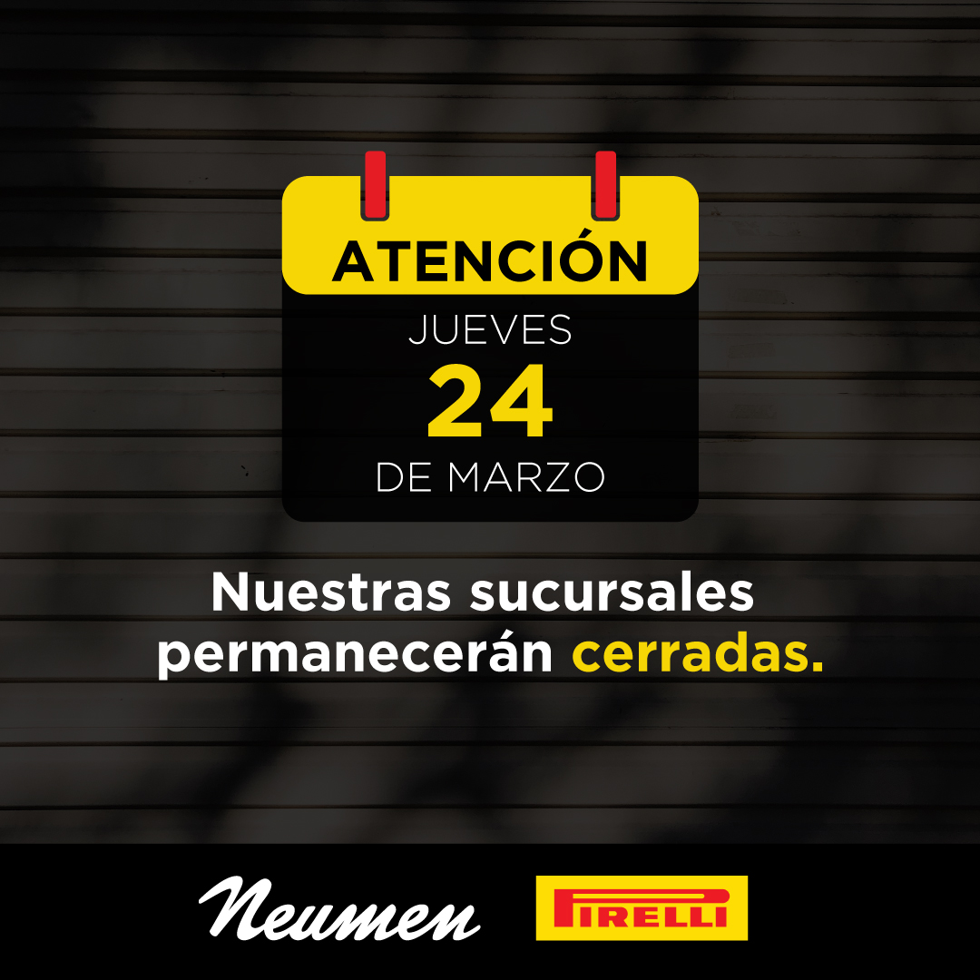 NeumenOficial's tweet photo. Día Nacional de la Memoria por la Verdad y la Justicia. Feriado Nacional. Nuestras sucursales permanecerán cerradas. #Feriado #Neumen #Pirelli https://t.co/MqtRRUnsa7