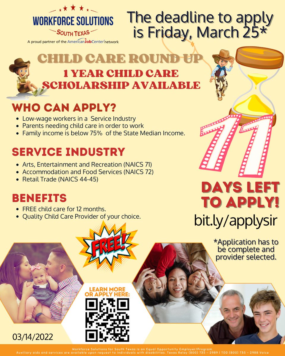 workforcestx's tweet photo. Can you believe it? Only 11 days left to enroll your child(ren) in the SIR scholarship program.
Apply here https://t.co/HkcVLEgdif
Enroll your child as soon as possible. This program is coming to an end soon.
#childcare #scholarship #free #sirprogram #free https://t.co/eZOrSjt5bX