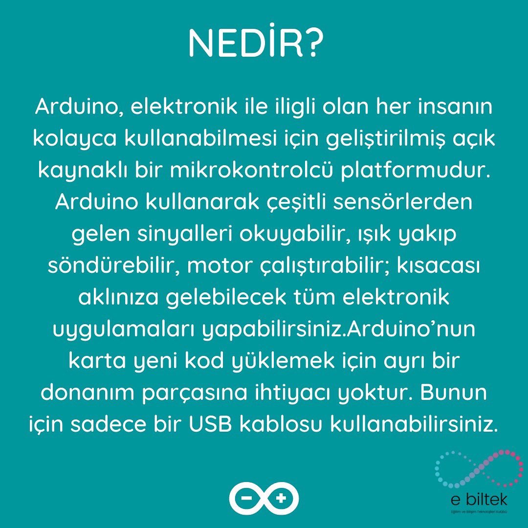 ebiltekytu's tweet photo. Arduino Nedir, Ne İşe Yarar ? 🤖⬇️
#ebiltekileöğreniyoruz serimizin ikinci konusu yayında !! 🤩🥳
#ytu #arduino #arduinouno #ebiltek https://t.co/HTqUbSUkDE
