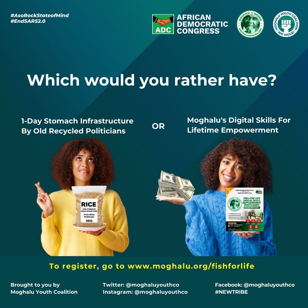 MoghaluYouthCo's tweet photo. Which would you rather have, a 1-day "stomach infrastructure" or Moghalu's Digital Skills for Lifetime Empowerment? @MoghaluKingsley is equipping 1 million youths for the future. Join the biggest empowerment platform by signing up at https://t.co/TCc9CmRFqk
@youngnigref @Naija_PR https://t.co/uewgIIOxSI
