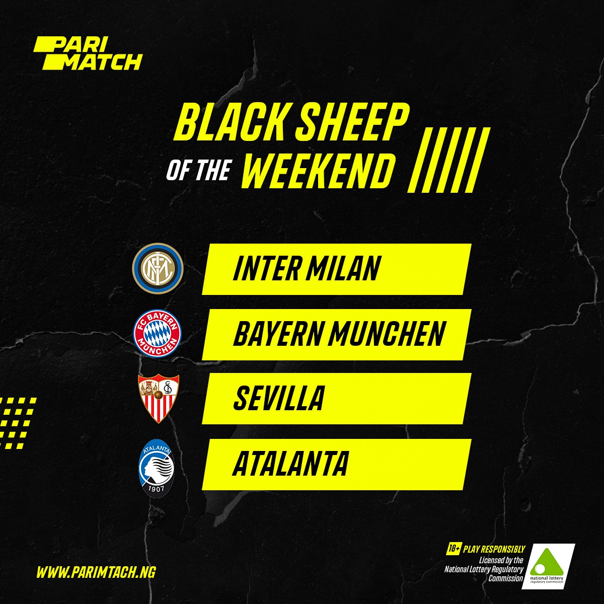 ParimatchNG's tweet photo. Which of these teams spoilt your Millionaire betslip over the weekend?
Add other that are not mentioned
#bettingtwitter #Weekendsummary #parimatch #MondayMood https://t.co/VUu7rlbzgN