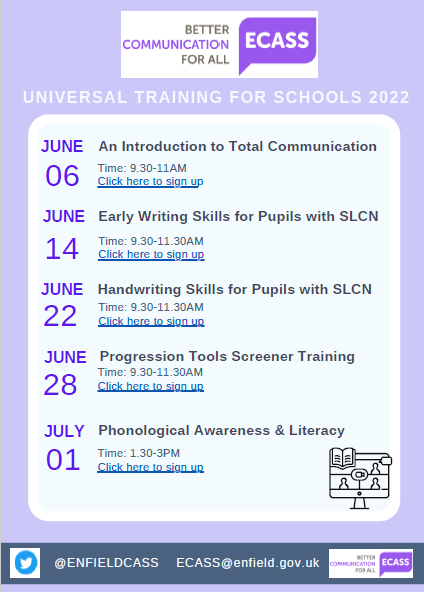 EnfieldCASS's tweet photo. The ECASS Strand 5 universal training offer is now live!  Check out our training events for all schools below! 

School staff members be sure to contact your Headteacher or SENCO to sign up! https://t.co/Qsw5zF4e5X