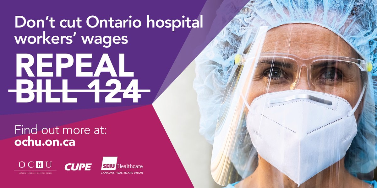 OCHU_Healthcare's tweet photo. Wages are just a piece of Bill 124: the 1% compensation cap also restricts bargaining for mental health supports and other benefits. How is this fair to health care workers after two exhausting years of working through the pandemic? #RepealBill124 @fordnation @SEIUHealthCan https://t.co/kH9lpyY69s