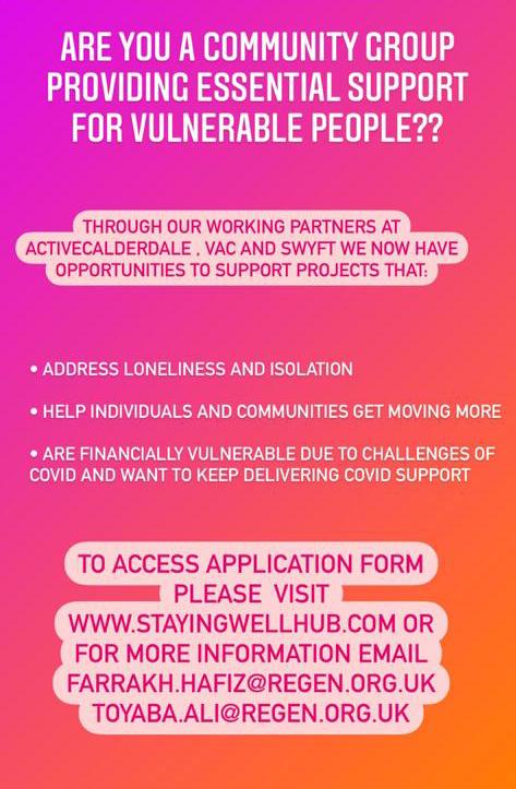 HStayingwell's tweet photo. Community funds available! If you are providing essential support to people addressing loneliness, getting more active or financially vulnerable due to COVID then get in touch! We may be able to support you. #community #Wellbeing https://t.co/BJi3Bo0cWN