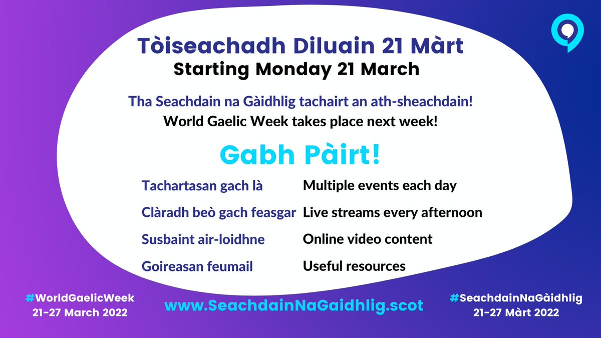 Tha Seachdain na Gàidhlig tòiseachadh air Diluain. Gabh Pàirt!

World Gaelic Week starts next Monday.
Get involved!

Tuilleadh/More: seachdainnagaidhlig.scot

#SeachdainnaGàidhlig #WorldGaelicWeek #Gaelic #Cleachdi