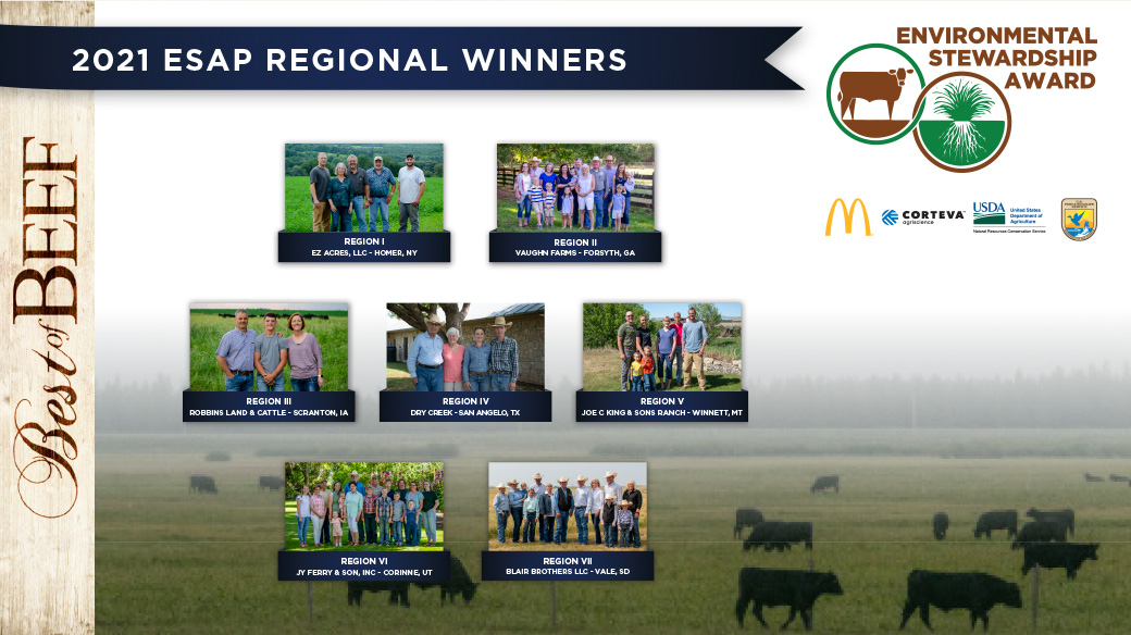 CattleCon's tweet photo. ESAP recognizes cattle producers across the nation who use innovative practices to protect & enhance natural resources while maintaining or increasing the profitability of their businesses. At #CattleCon22, cattle ranches voted as the best in their region were honored. https://t.co/mbe28Lj27K