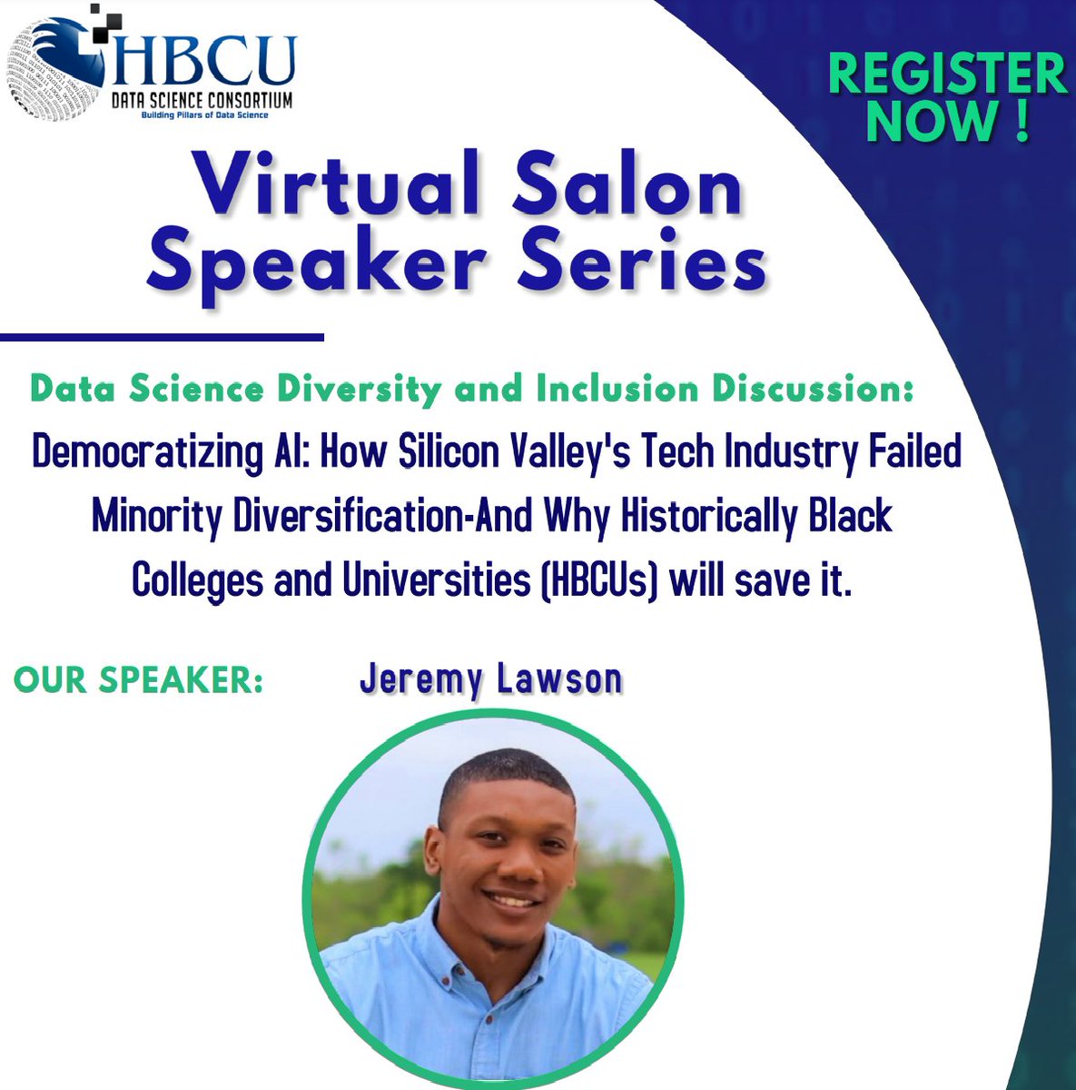 JOIN US for the HBCU Data Science Consortium March Salon Speaker Series event - Speaker: <a href="/Mr_jrlawson/">Jeremy R. Lawson</a> 

Date:  Friday, March 18, 2022, 11 am - 12 noon EST

To Register:  eventbrite.com/e/hbcu-dsc-mar…