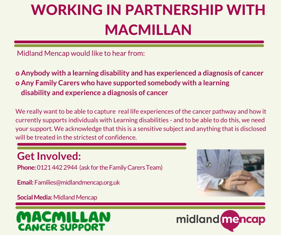 MidlandMencapUK's tweet photo. Midland Mencap and @macmillancancer are coming together for a project about the Cancer Pathway.
If you or someone you know has experience of this, we'd really like to hear from you.
Get in touch to be involved:
π§ families@midlandmencap.org.uk
#Macmillan #CancerPathways https://t.co/pbODji20Ho