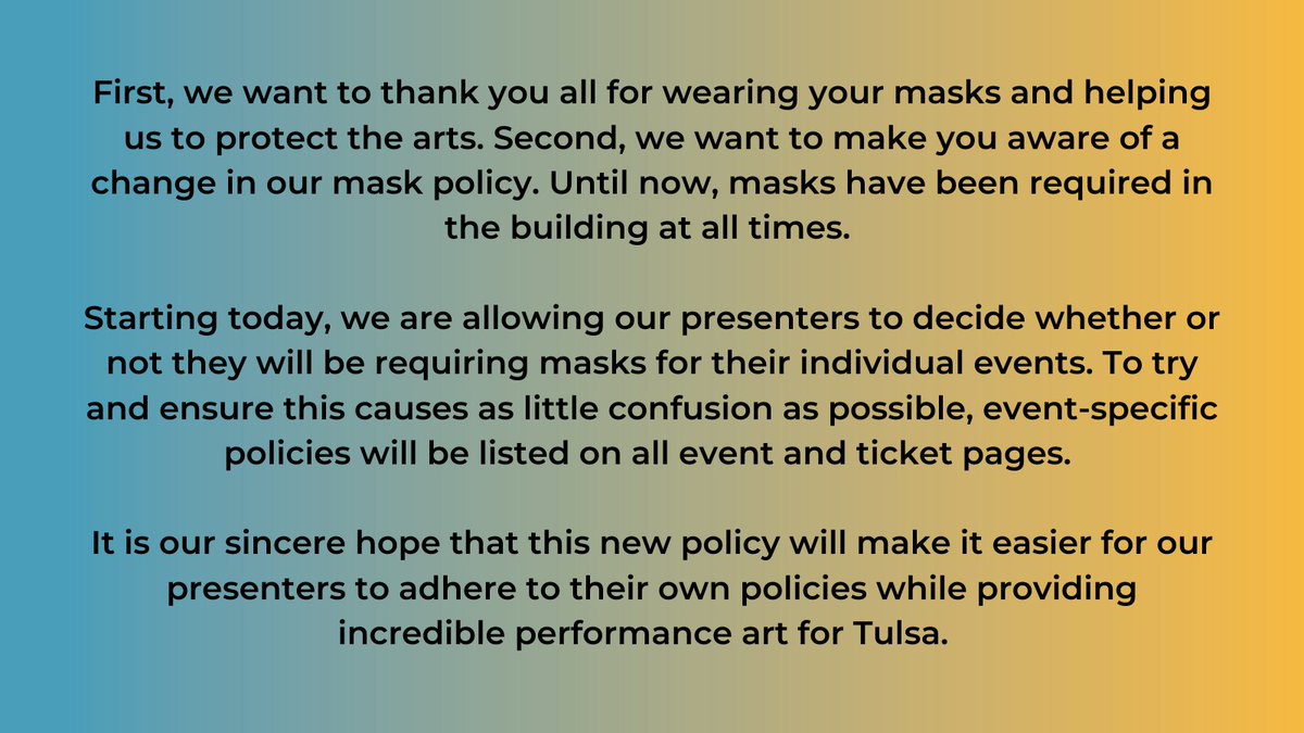 TulsaPAC's tweet photo. MASK POLICY UPDATE: https://t.co/xQwv7bK6UB https://t.co/tUJ7vtCuAG