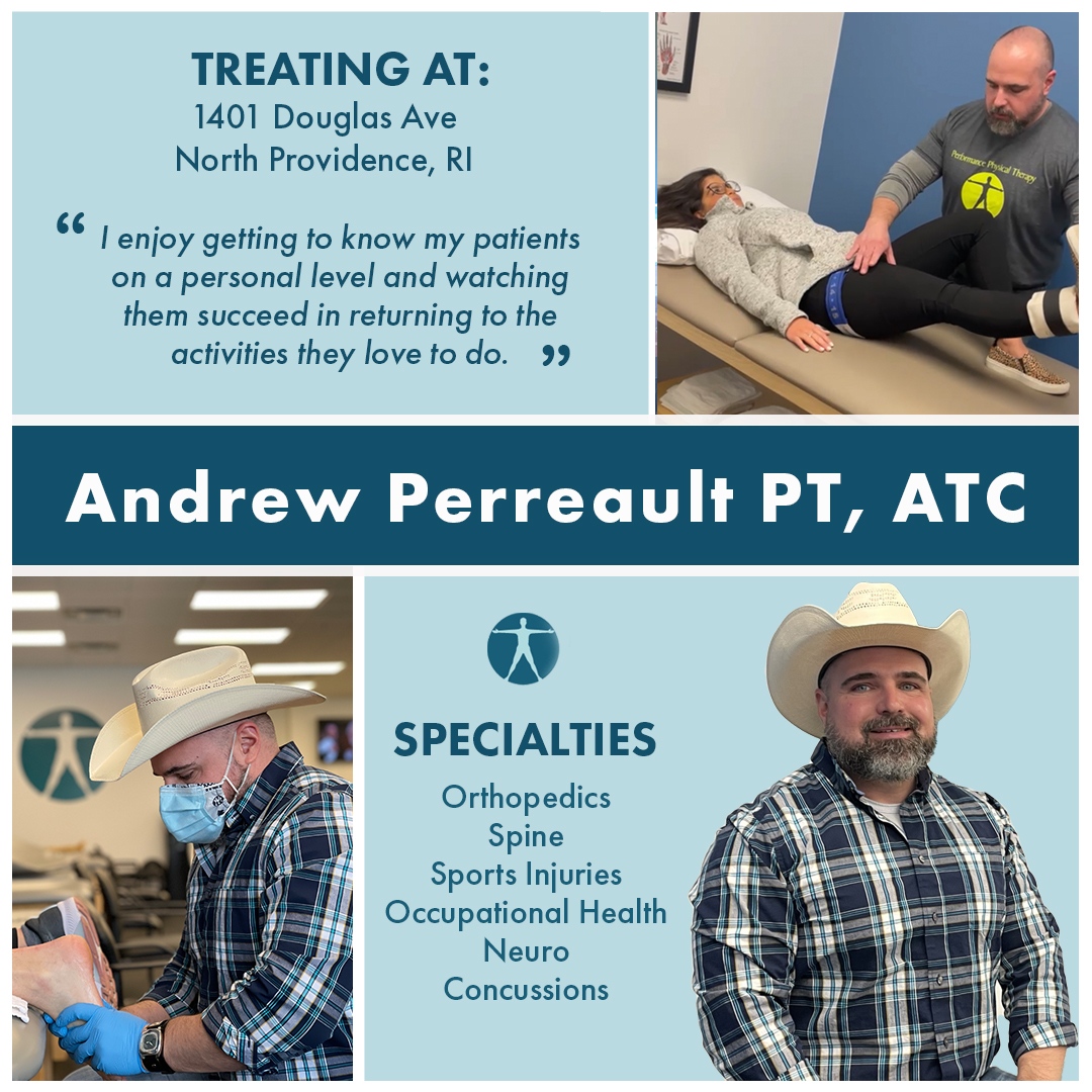 Meet North Providence's Clinic Director, Andrew Perreault PT, ATC 👋🏼 He's an avid weightlifter and a recent mountain biker who likes to keep active with his rescue pup named Dallas. Fun fact: he was a member of the medical staff for the ESPN Winter X-Games! 🤯 #physicaltherapy