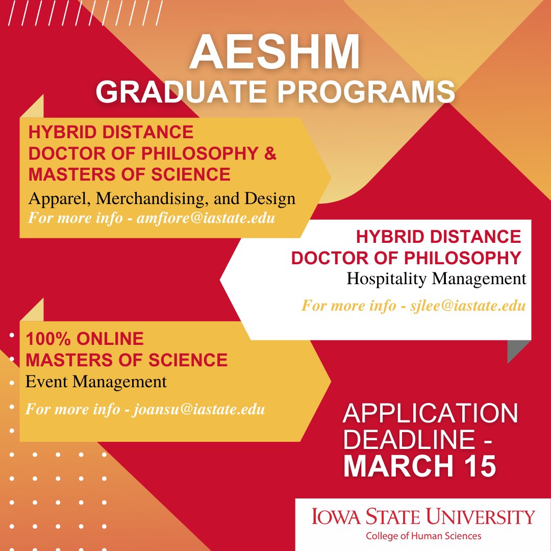 We offer a variety of distance learning graduate programs! 
Apply today!

#ISU #CHS #AESHM #Apparel #Merchandising #Design #EVENT #EMgmt #HSPMgmt#Hospitality #FeedTheSpark #BeTheSpark