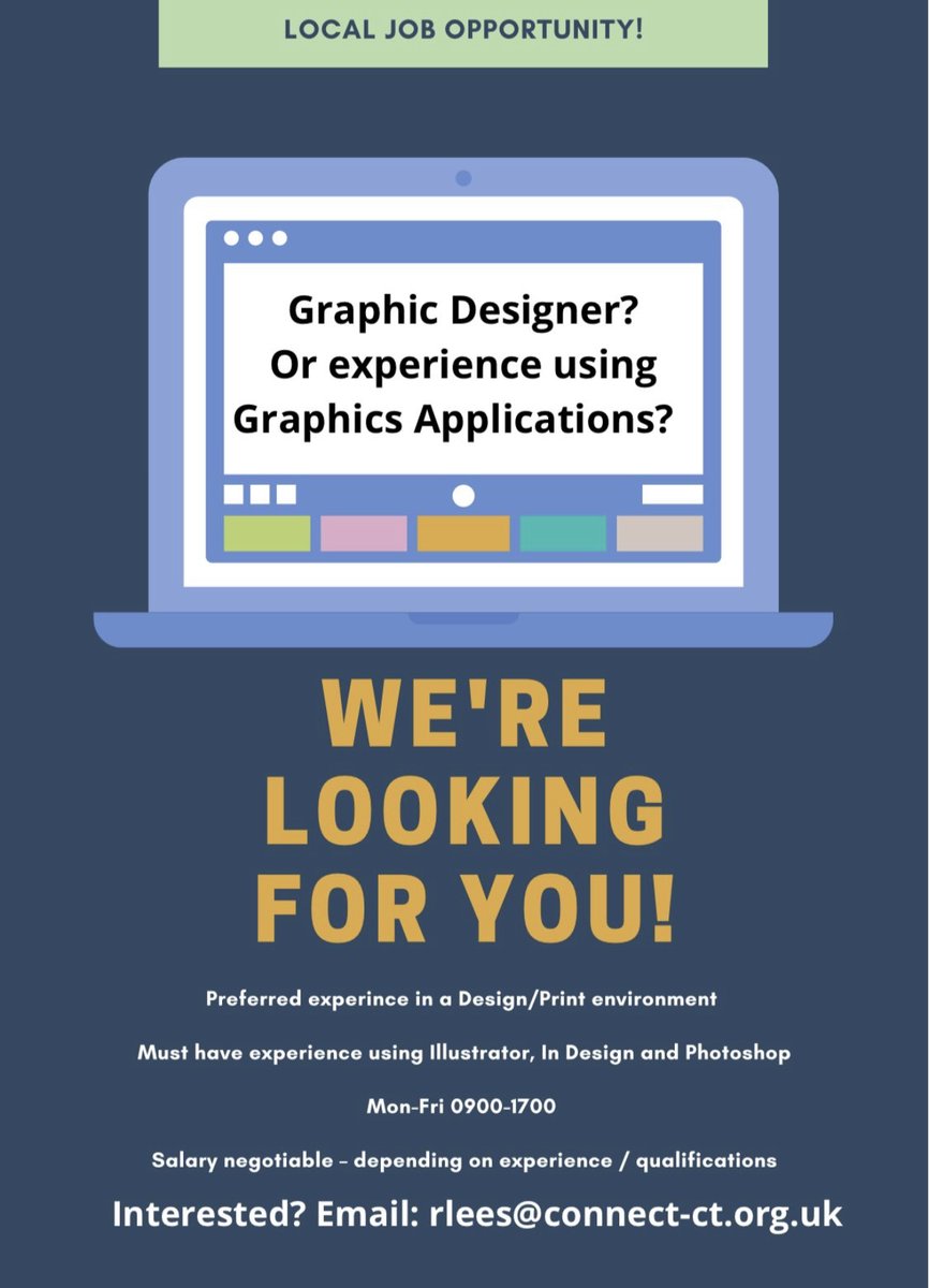 Brilliant local job opportunity for experienced or budding Graphic Designers!🖥 🎨. Must have exp using Photoshop, InDesign and Illustrator. All levels considered <a href="/connectryan/">ryan cameron</a>