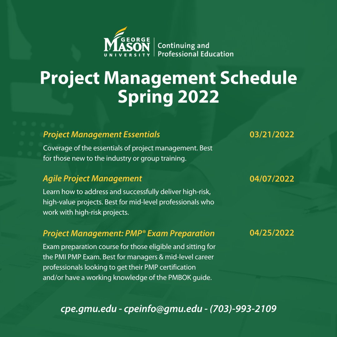 Mason_CPE's tweet photo. Happy #ManagementMonday! Who needs #projectmanagement upskilling, backed by @PMInstitute? Check out our Project Management Certificate program and register today; first course begins March 21, 2022! https://t.co/Z7dRNN5c3k https://t.co/0QTM8C32L2