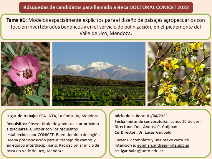 IRNAD_ARG's tweet photo. Beca doctoral CONICET 2022 | Búsquedas de cantidatos/as
Tema #1: Modelos espacialmente explícitos para el diseño de paisajes agorpecuarios con foco en invertebrados benéficos y en el servicio de polinización, en el piedemonte del Valle de Uco, Mendoza. https://t.co/nKKmFEuDGs