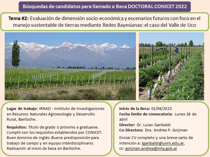 IRNAD_ARG's tweet photo. Beca doctoral CONICET 2022 | Búsquedas de cantidatos/as
Tema #2: Evaluación de dimensión socio-económica y escenarios futuros con foco en el manejo sustentable de tierras mediante Redes Bayesianas: el caso del Valle de Uco. https://t.co/go6qXqbfbt