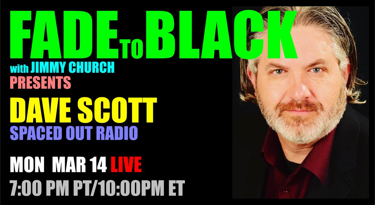 SpacedOutRadio's tweet photo. Tonight, before #SpacedOutRadio, I will be appearing on #Fade2Black #f2b with @JChurchRadio to talk all things weird and strange. Then later, Jimmy will be coming on @SpacedOutRadio for the 2nd hour of our show. It's going to be a great night of radio! All starts at 7pm PT. https://t.co/JTnLmGorqE