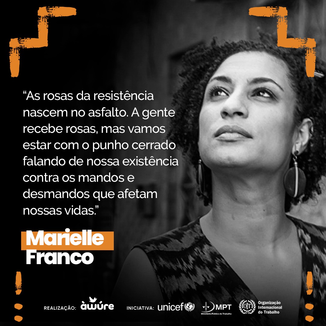 canal_awure's tweet photo. Hoje completa 4 anos da morte da vereadora Marielle Franco e do motorista Anderson Gomes.
O #Àwúre, iniciativa @MPTrabalho @OITBrasil e @unicefbrasil ressalta que Marielle será lembrada para sempre como a mulher forte e combativa.
#mariellepresente #culturanegra #racismonão https://t.co/Fi2sMV5ncd