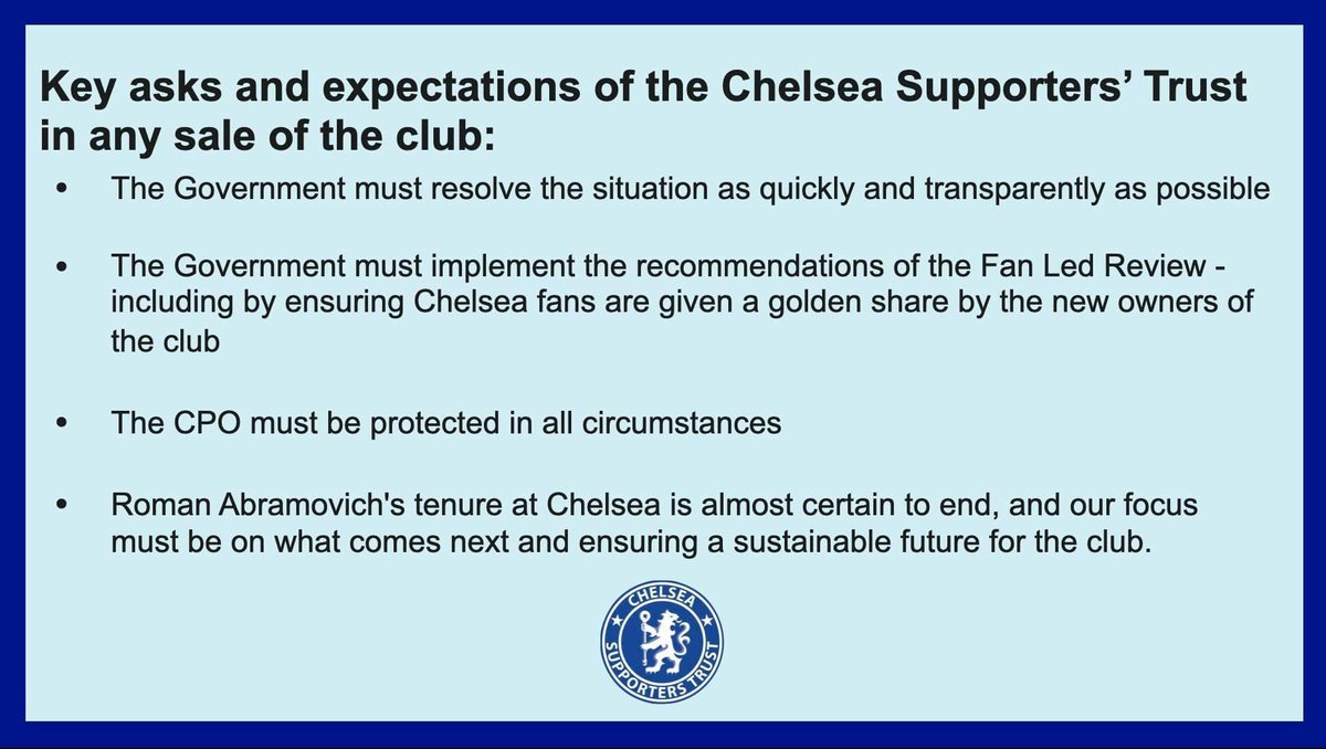 goalsside's tweet image. Important!
If you can, join the Chelsea Supporters’ Trust and buy a CPO (Chelsea Pitch Owners) share so we can help protect this club! At the very least share this tweet and/or the message below!