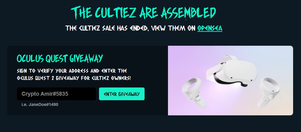 Cultiez (@cultieznft) on Twitter photo #OculusQuest2 giveaway is happening now on <a href="/CultiezNFT/">Cultiez</a> discord. Head over to discord.gg/cultiez to participate! 
#NFT #generativeart #OculusQuest2 giveaway is happening now on <a href="/CultiezNFT/">Cultiez</a> discord. Head over to discord.gg/cultiez to participate! 
#NFT #generativeart