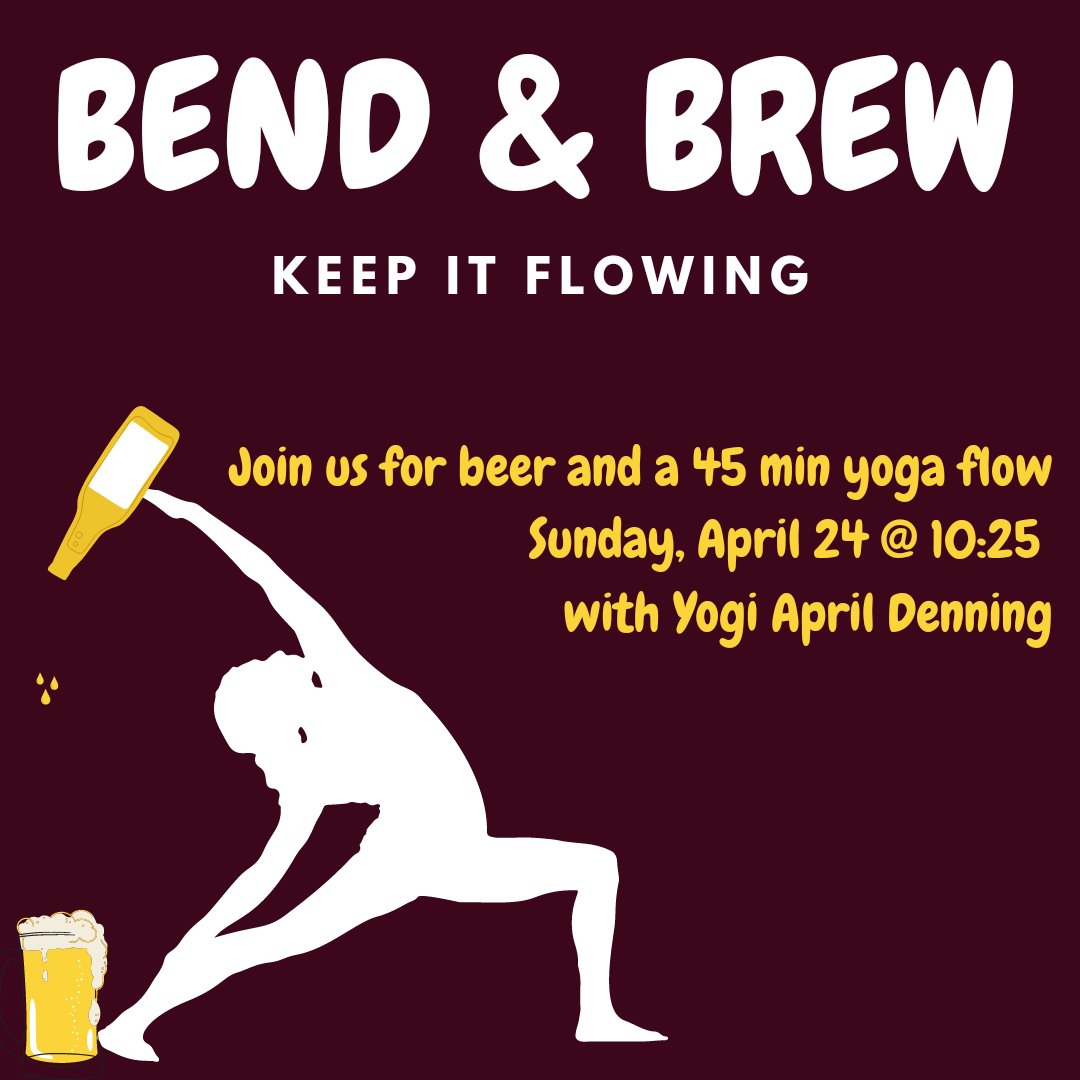 We are so excited to team up with <a href="/april_yog/">Yog</a> for a 45 minute Vinyasa flow. $25 gets you your flow AND a beer! The flow will be accessible to all levels, so don't be shy! It's a fun environment and easy going flow. momence.com/April-/Bend-&-…