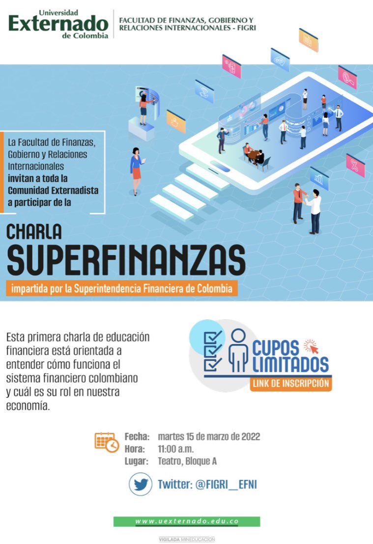 Los esperamos mañana en la charla SUPERFINAZAS impartida por la <a href="/SFCsupervisor/">Superfinanciera</a> <a href="/FIGRI_EFNI/">Escuela de Finanzas & Negocios Internacionales</a> 
.
.
Inscríbete aquí 👉🏻 bit.ly/3q6kLNv