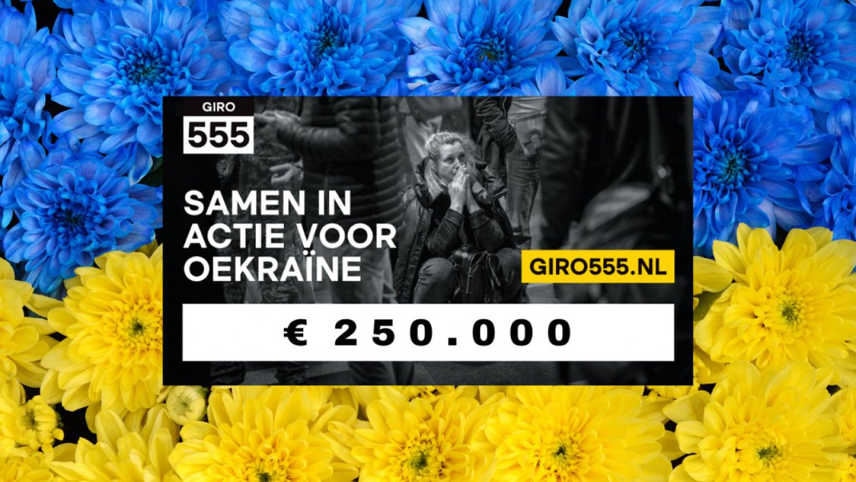 Slijkermankalan's tweet photo. The fundraiser organized by @FloraHolland has brought up to € 250.000! Thank you for your generousity!

#fundraiser #giro555 #Oekraïne #Ukraine https://t.co/mwRZs0I1qB