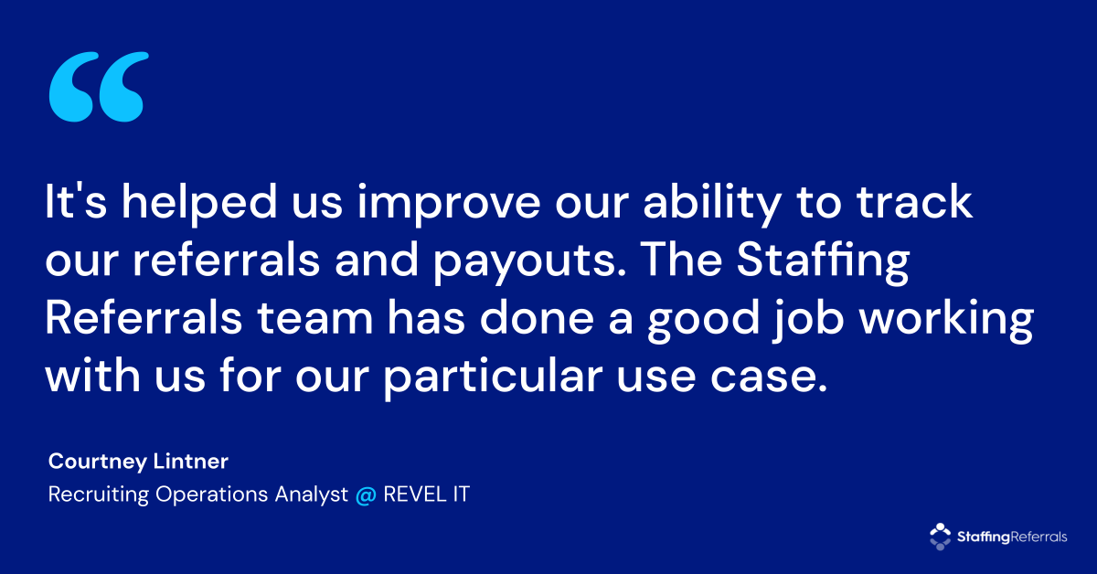StaffReferrals's tweet image. “It&apos;s helped us improve our ability to track our referrals and payouts. The Staffing Referrals team has done a good job working with us for our particular use case.” #StaffingReferrals hubs.ly/Q015XSww0