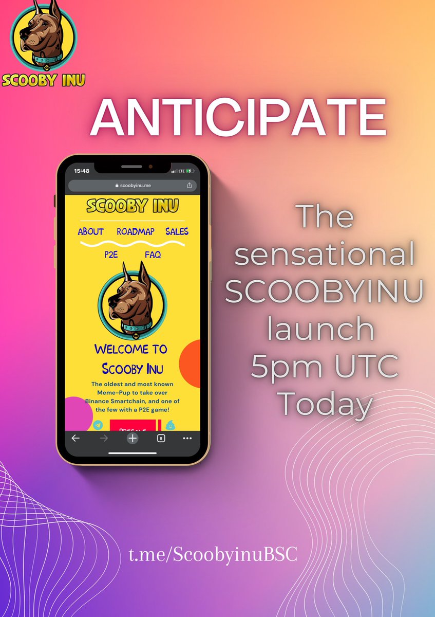 ScoobyInuToken's tweet photo. It’s about time guys 2hours to go…spread the news… scooby inu launch happening soon
#scoobyinu to the world #bsc #bnb #nextgem https://t.co/rKphEJFCRw