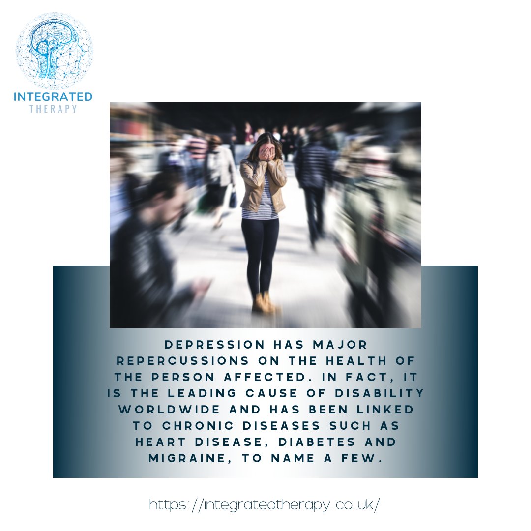 IT_therapyuk's tweet photo. Depression has major repercussions on the health of the person affected. In fact, it is the leading cause of disability worldwide and has been linked to chronic diseases such as heart disease, diabetes, and migraine.

 #integratedtherapy #depression #mentalhealthawareness https://t.co/LOuktaNn6o