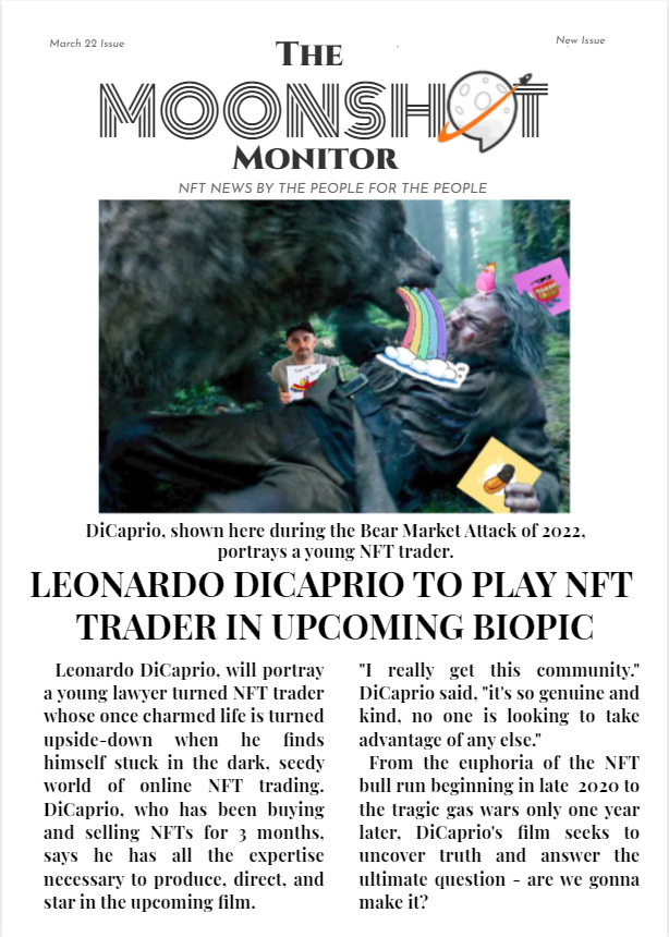 M00nsh0tNews's tweet photo. ENTERTAINMENT: What's more bullish than Hollywood superstars staring as NFT traders? Stay up-to-date on the latest fake entertainment news here at Moonshot Media. #moonshotmonitor https://t.co/BzUdURDWdU