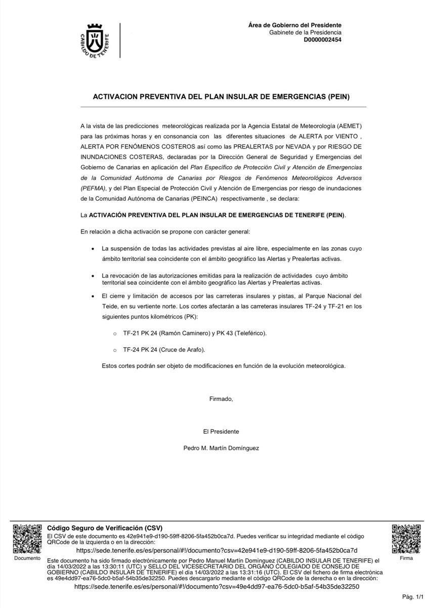 PTegueste's tweet photo. Activación preventiva del Plan Insular de Energencias (PEIN) por el Cabildo, con las medidas que se detallan a continuación. Tengan precaución y cualquier incidencia ☎️112☎️ https://t.co/M8tb9c7eW7