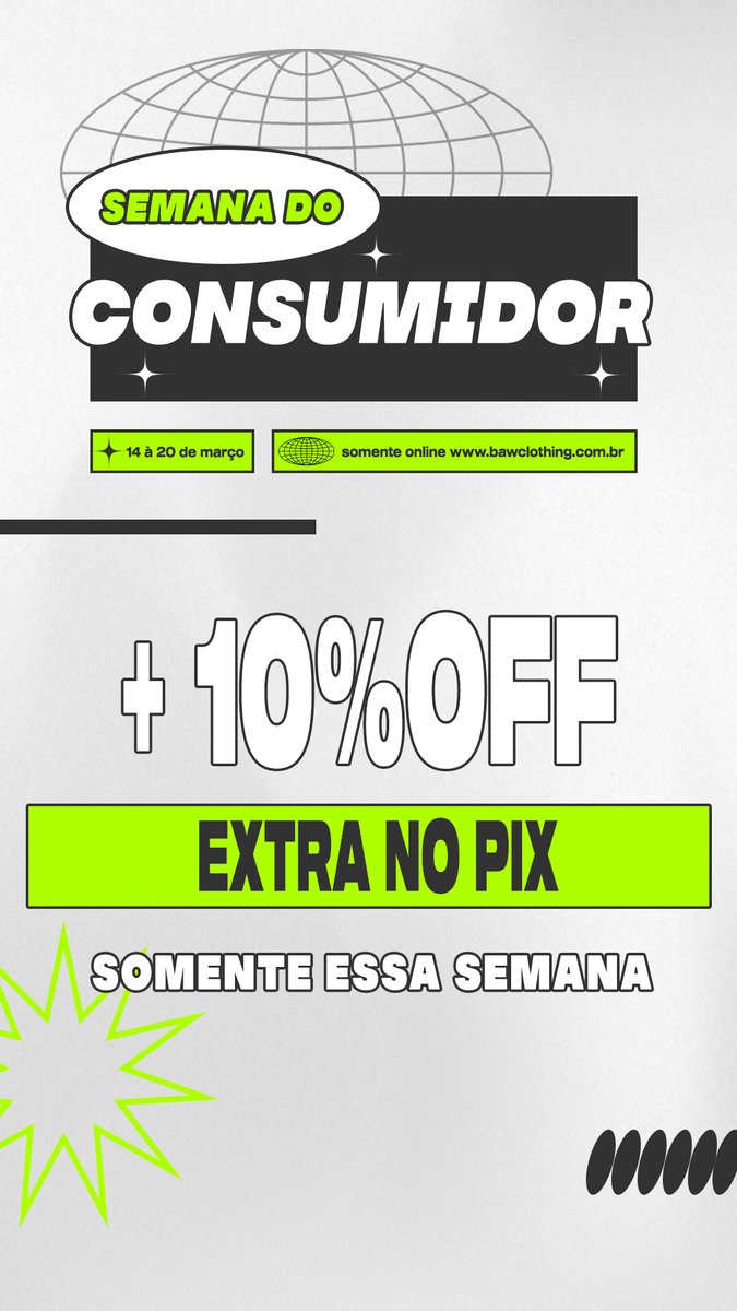 Pra quem tava ansioso pelas promos da Semana do Consumidor da BAW:
 
> 20%OFF em todo o site usando o cupom.
> Frete grátis em todos os pedidos. 
> +10%OFF em pagamentos com PIX. 

Promo válida do dia 14 ao 20 de Março.

Corre pra não perder! 🔥
| bawclothing.com.br