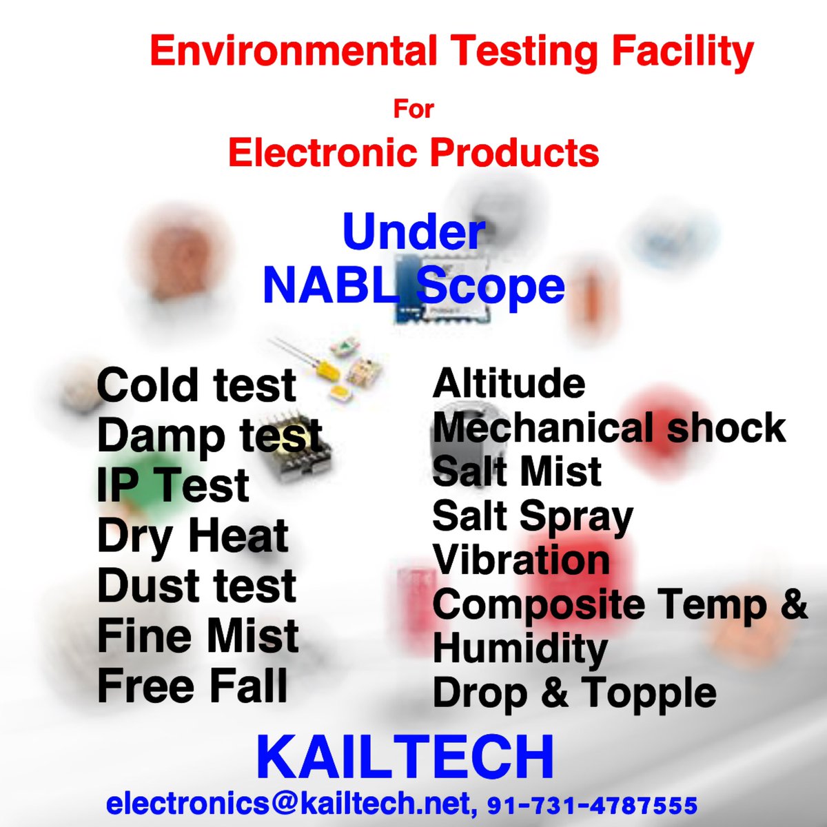 Kailtech_Lab's tweet image. NABL accredited Environmental Testing for Electronic Products available

 #environmental #testing #Coldtest #damptest #saltmist #saltspray #vibrationtesting #finemist #iptest #ingressprotection #ip65 #ip60 #electronicproducts #dryheat #freefall #mechanicalshock