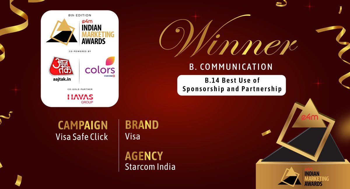 A huge round of applause to the winner for acquiring Bronze at the 8th edition of Indian Marketing Awards - #IndianMarketingAwards, we gladly congratulate you!  
<a href="/Visa_IND/">Visa_IND</a> <a href="/IndiaStarcom/">Starcom India</a> <a href="/trramach/">Tram</a> <a href="/NitiGargKumar/">Niti Kumar</a>
<a href="/nawalahuja/">Nawal Ahuja</a> <a href="/anuragbatrayo/">Anurag Batra</a> <a href="/priyankae4m1/">Priyanka</a>