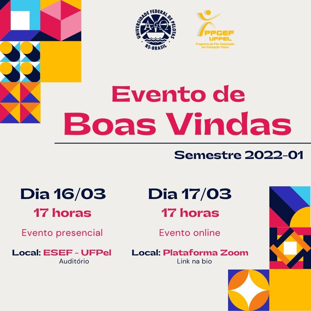 ppgef_ufpel's tweet photo. 🎊 Evento de Boas Vindas do PPGEF - Semestre 2022-01 🎊 

🗣️ Para quem não sabe, esse evento será realizado para apresentar nosso PPGEF (coordenação, docentes, representantes discentes), para abrir um espaço de conversa sobre nosso regimento e tirar dúvidas. https://t.co/CgDG2sII2Y