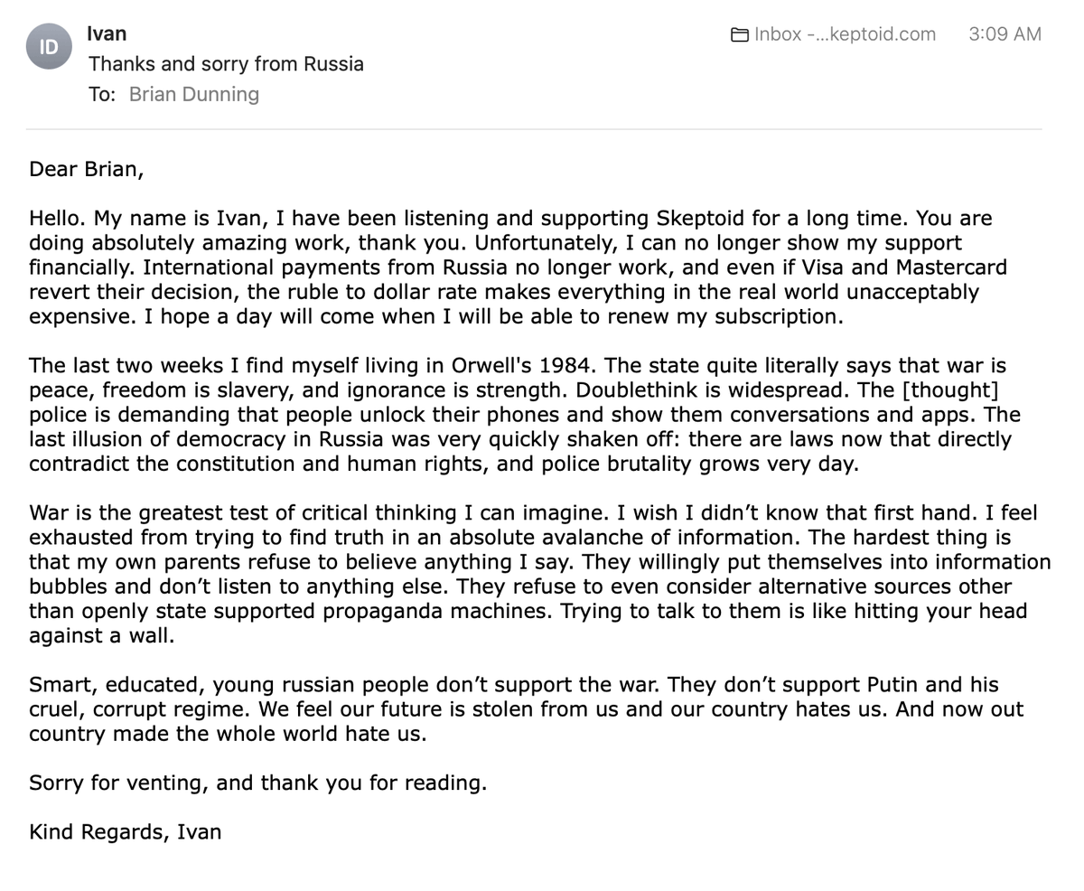 BrianDunning's tweet image. Shared with permission (last name withheld) from a Russian subscriber to @skeptoid. Gave him complimentary premium access, and extended the offer to any other Russian subscribers. Crazy stuff.