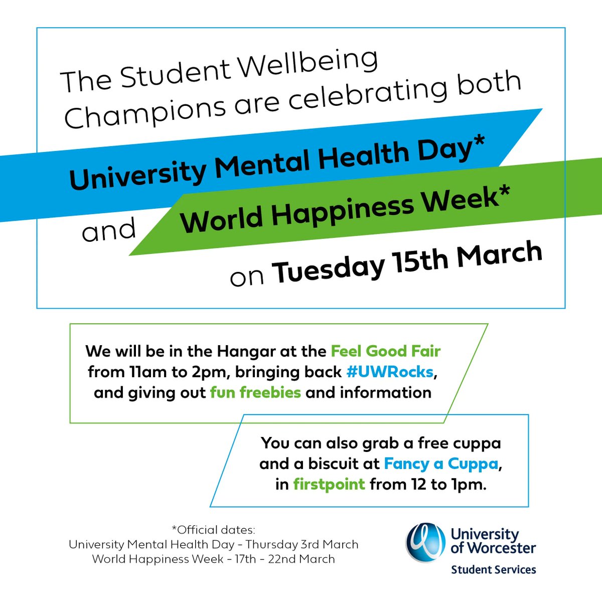 Tomorrow, to celebrate University Mental Health Day, there is a Feel Good Fair in the Hangar from 11am-2pm - lots of stalls with information &amp; freebies.
We will be there with freebies &amp; our #UWRocks - stones that you can write/draw on &amp; then hide for others to find.
See you there