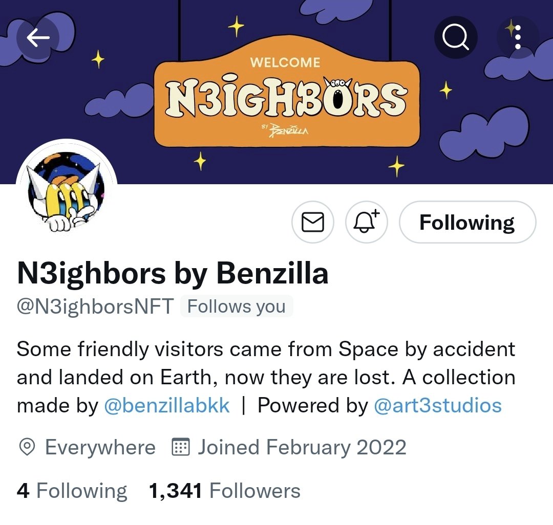 After working so hard...Now I proudly to say Kick off the new project! Named <a href="/N3ighborsNFT/">N3ighbors by Benzilla</a> I inviting you to be our Neighborhood 👽🛸
FOLLOW 👉<a href="/N3ighborsNFT/">N3ighbors by Benzilla</a>

Me and <a href="/art3studios/">ART3</a> working together in this project. see ya 👽 #NFT #NFTCommunity #N3ighbors #Benzilla #Loook