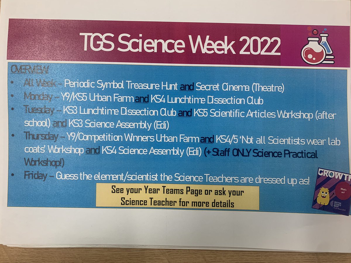 TGS_Science_'s tweet photo. @ScienceWeekUK kicks off this week @TolworthGirls with an exciting schedule of events planned!
#BritishScienceWeek2022 #ScienceWeek #thisgirlcan #welovescience #Science https://t.co/RD5aKHqgWN