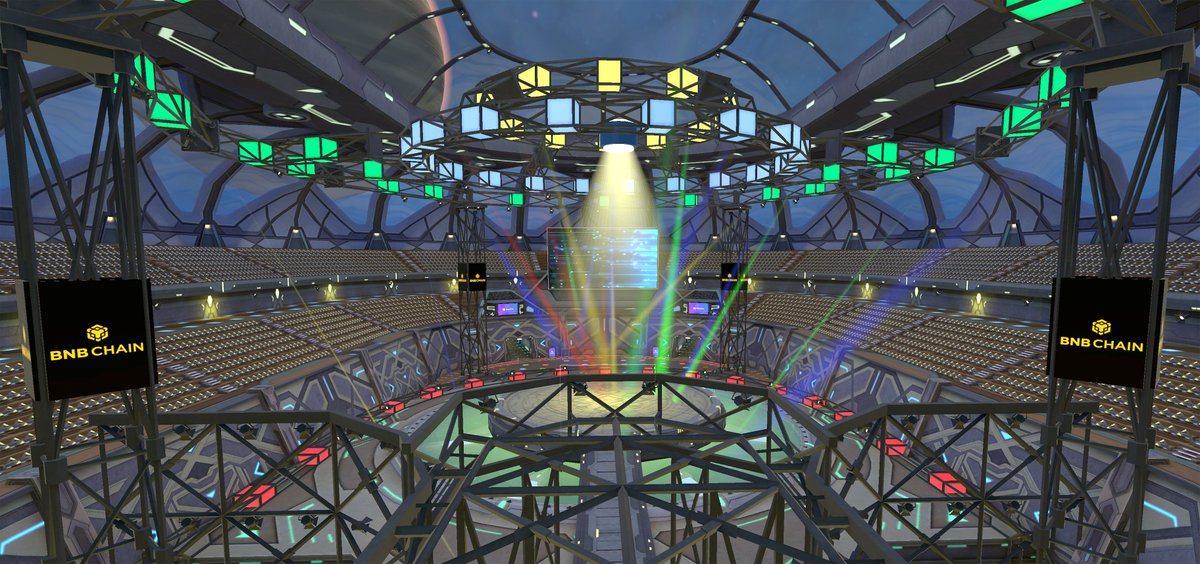 innocentcatsNFT's tweet photo. @innocentcatsNFT Metaverse concert stadium building updates: 

All the four billboards finished deco. So much happy to have @BNBCHAIN 🖤

Cats, let’s shake the room! 😈

#NFT #Metaverse https://t.co/h6XArwbXwT