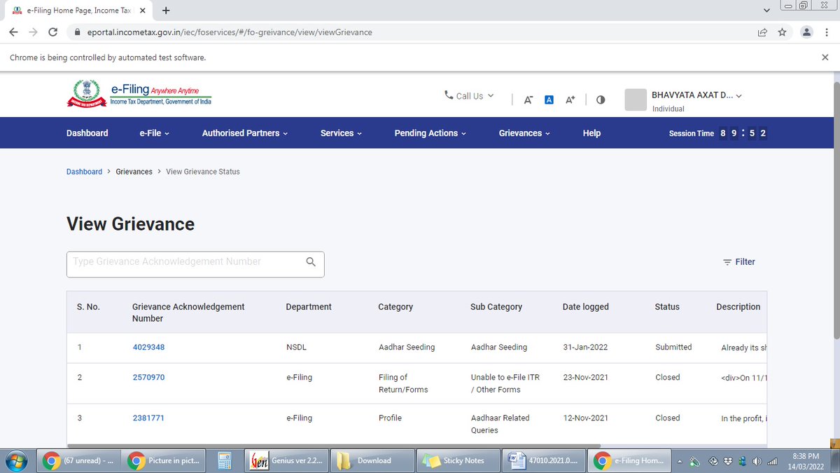 axat_doshi's tweet photo. @caas_org @IncomeTaxIndia @Infosys  While trying to link PAN &amp; Aadhar, Getting Mail &amp; Sms of linking successful, But on portal not showing as linked. 3 Grievances lodged till date out of which 2 closed without solution. Attaching screenshots. https://t.co/tOcvAC9ZcJ