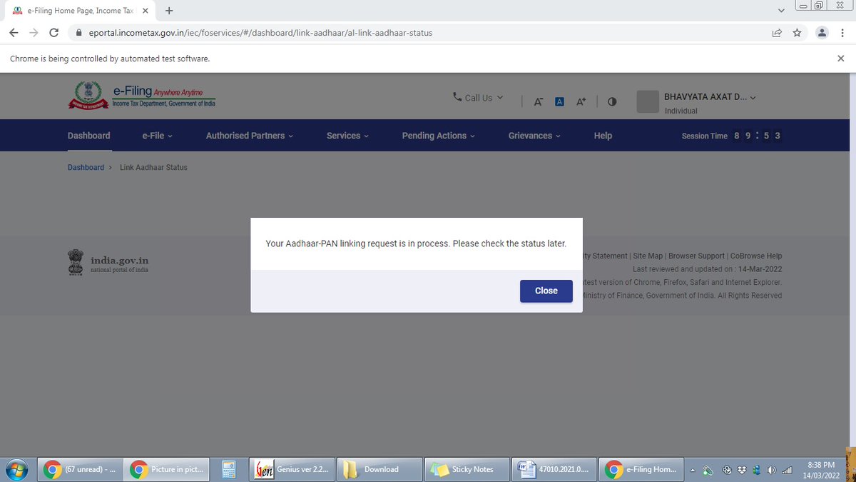axat_doshi's tweet photo. @caas_org @IncomeTaxIndia @Infosys  While trying to link PAN &amp; Aadhar, Getting Mail &amp; Sms of linking successful, But on portal not showing as linked. 3 Grievances lodged till date out of which 2 closed without solution. Attaching screenshots. https://t.co/tOcvAC9ZcJ